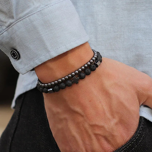 프리스톤 크로스 흑요 화산석 남녀 팔찌 2P세트