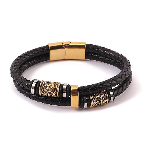 프리스톤 바이킹 노르드룬 천연소가죽 더블 팔찌 남성팔찌
